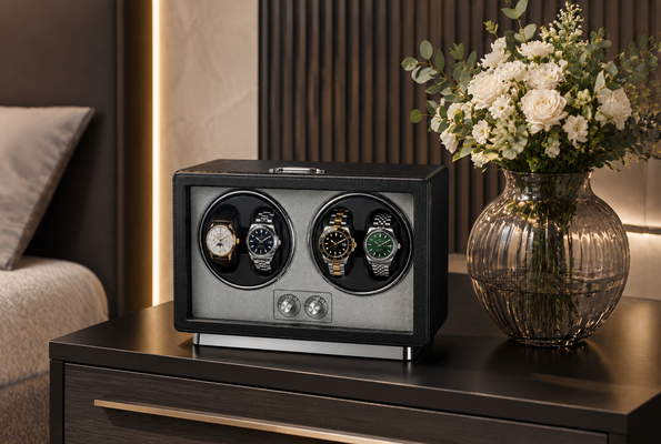 Watch Winder Premium așezat pe o noptieră, alături de un buchet de flori