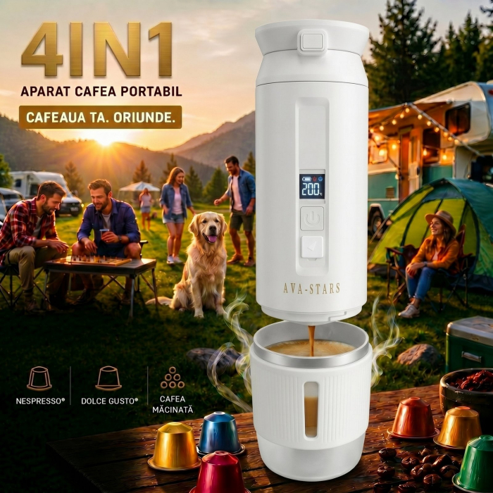 Aparat cafea portabil, Espressor 4in1 capsule Nespresso, Dolce Gusto, cafea macinata si ceai, 25 Bar, baterie 9600mAh, incalzire apa, pentru masina, camping, calatorii [2]