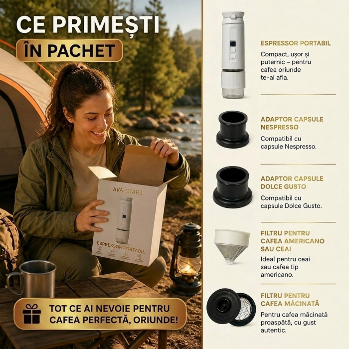 Aparat cafea portabil, Espressor 4in1 capsule Nespresso, Dolce Gusto, cafea macinata si ceai, 25 Bar, baterie 9600mAh, incalzire apa, pentru masina, camping, calatorii [9]