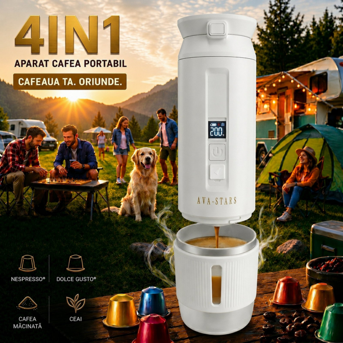Aparat cafea portabil, Espressor 4in1 capsule Nespresso, Dolce Gusto, cafea macinata si ceai, 25 Bar, baterie 9600mAh, incalzire apa, pentru masina, camping, calatorii [2]