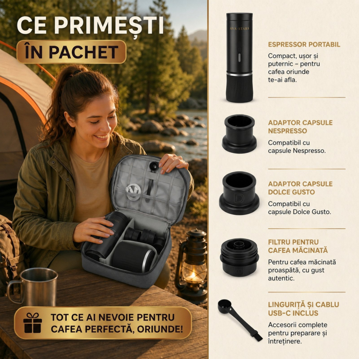 Aparat de cafea portabil AVA-STARS negru, espresso cu crema fina, fara prizа, baterie 9600mAh [8]