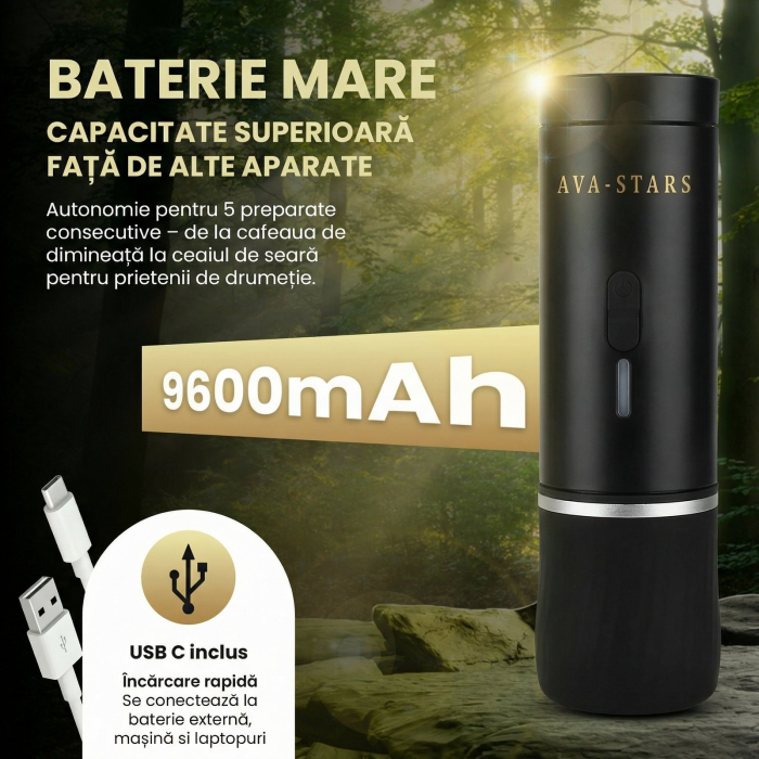 Aparat de cafea portabil AVA-STARS negru, espresso cu crema fina, fara prizа, baterie 9600mAh [5]