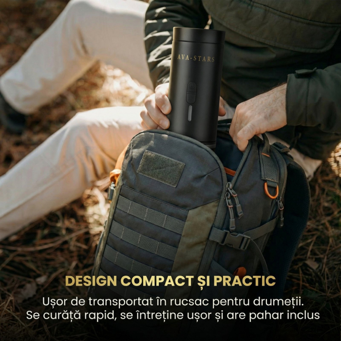 Aparat de cafea portabil AVA-STARS negru, espresso cu crema fina, fara prizа, baterie 9600mAh [7]