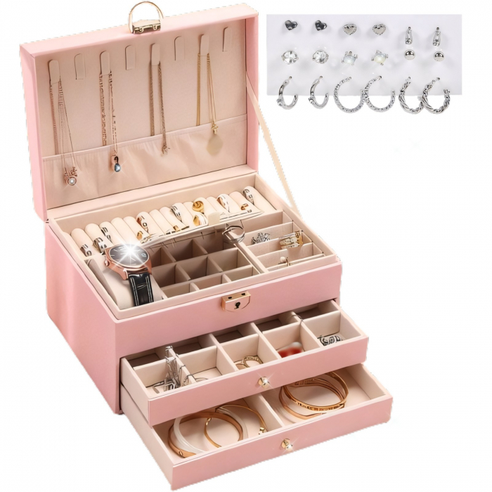Cutie bijuterii, cutie organizator cu 3 nivele, cu cheita, 2 sertare, spatiu depozitare pentru bratari, inele, lantisoare, ceasuri, set 9 perechi cercei inclusi, catifea, 23 x 17 x 13.5 cm [1]