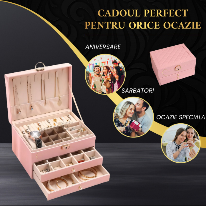 Cutie bijuterii, cutie organizator cu 3 nivele, cu cheita, 2 sertare, spatiu depozitare pentru bratari, inele, lantisoare, ceasuri, set 9 perechi cercei inclusi, catifea, 23 x 17 x 13.5 cm [6]