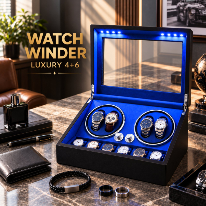 Cutie Ceasuri Automate, Rotator 4 Ceasuri Automatice si Spatiu Depozitare 6 Ceasuri Clasice, Watch Winder cu LED, Interior din Catifea, Exterior din Piele, Alimentare la Priza [10]
