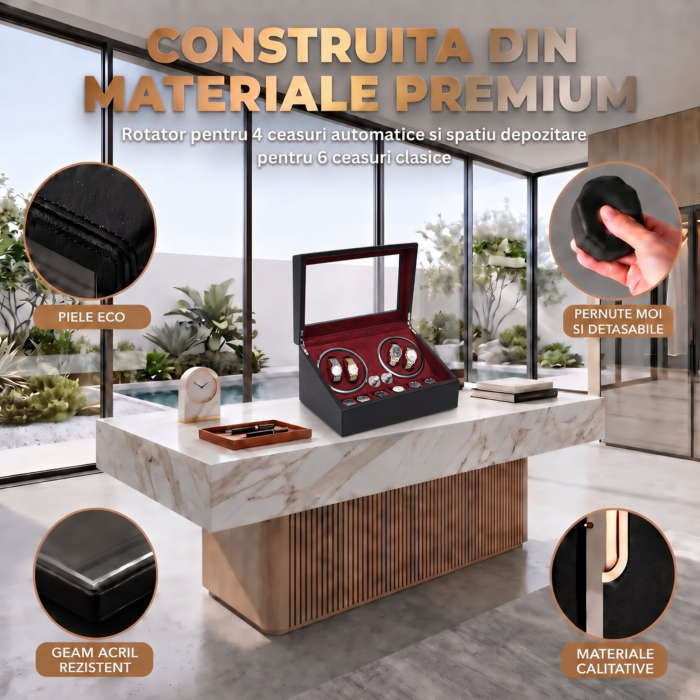 Cutie Ceasuri Automate, Rotator 4 Ceasuri Automatice si Spatiu Depozitare 6 Ceasuri Clasice, Watch Winder cu LED, Interior din Catifea, Exterior din Piele, Alimentare la Priza [5]