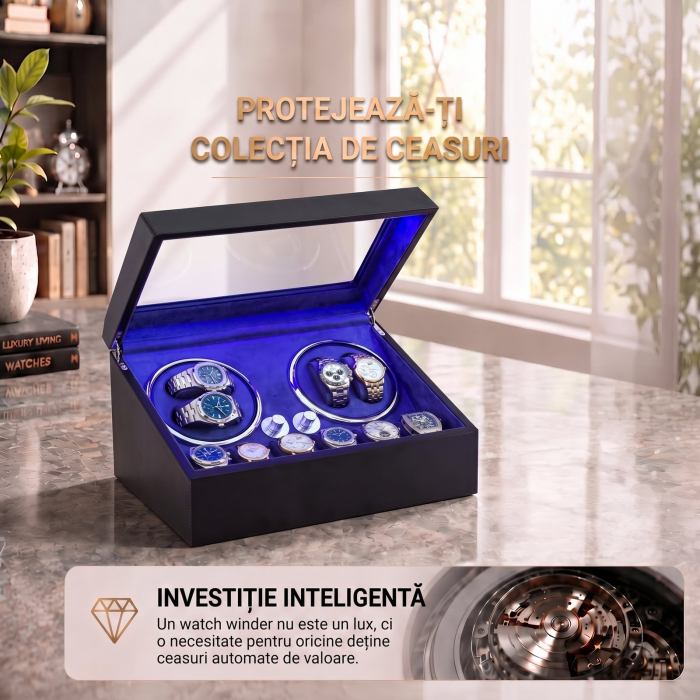 Cutie Ceasuri Automate, Rotator 4 Ceasuri Automatice si Spatiu Depozitare 6 Ceasuri Clasice, Watch Winder cu LED, Interior din Catifea, Exterior din Piele, Alimentare la Priza [8]