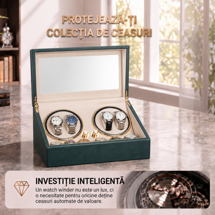 Cutie Ceasuri Automate, Rotator 4 Ceasuri Automatice si Spatiu Depozitare 6 Ceasuri Clasice, Watch Winder cu LED, Interior din Catifea, Exterior din Piele, Alimentare la Priza [8]