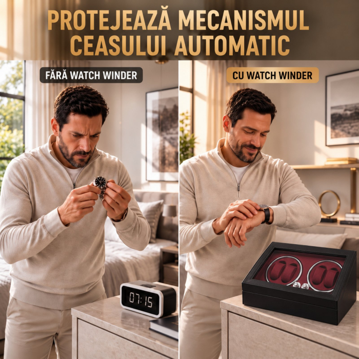 Cutie Ceasuri Automate, Rotator 4 Ceasuri Automatice si Spatiu Depozitare 6 Ceasuri Clasice, Watch Winder cu LED, Interior din Catifea, Exterior din Piele, Alimentare la Priza [4]