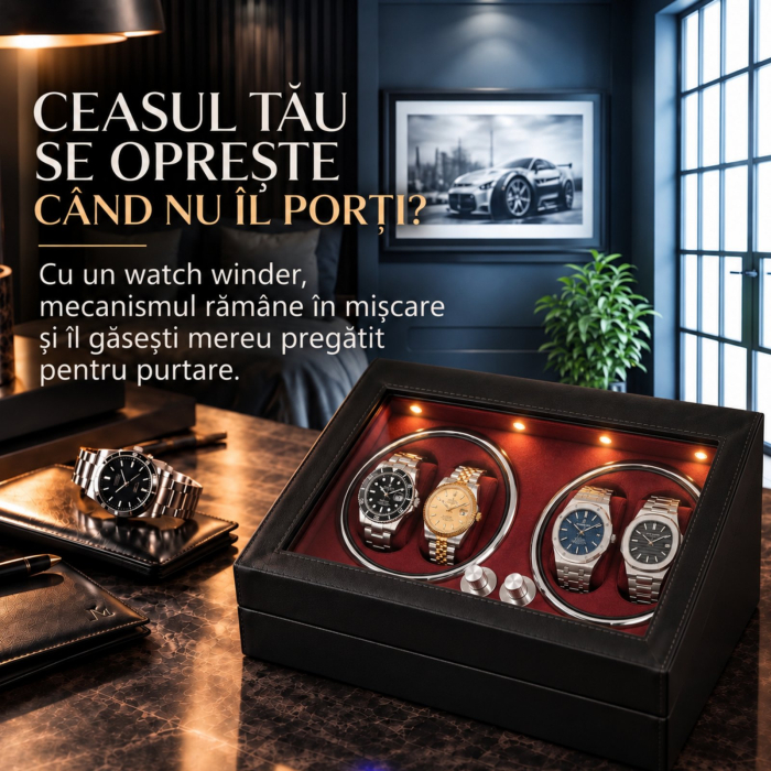 Cutie Ceasuri Automate, Rotator 4 Ceasuri Automatice si Spatiu Depozitare 6 Ceasuri Clasice, Watch Winder cu LED, Interior din Catifea, Exterior din Piele, Alimentare la Priza [3]