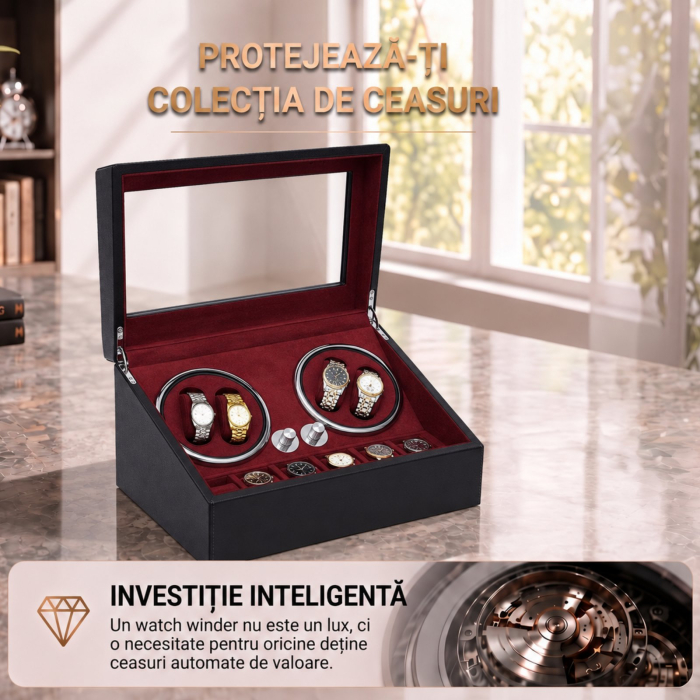Cutie Ceasuri Automate, Rotator 4 Ceasuri Automatice si Spatiu Depozitare 6 Ceasuri Clasice, Watch Winder cu LED, Interior din Catifea, Exterior din Piele, Alimentare la Priza [8]