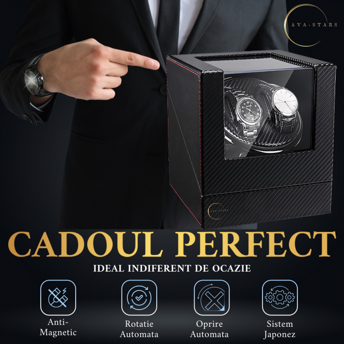 Cutie de intors ceasuri automatice, watch winder 2, 4 moduri de rotatie, interior si exterior din piele, negru dungat [5]