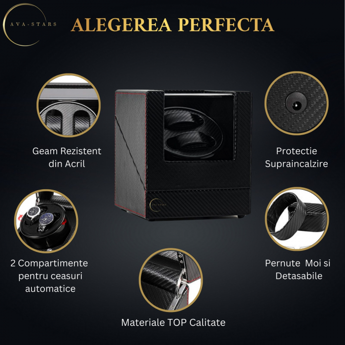 Cutie de intors ceasuri automatice, watch winder 2, 4 moduri de rotatie, interior si exterior din piele, negru dungat [3]