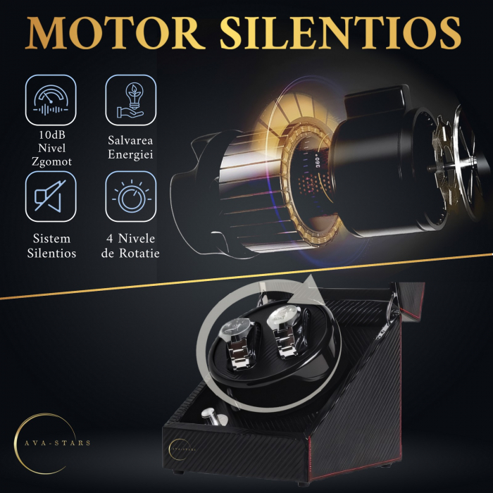 Cutie de intors ceasuri automatice, watch winder 2, 4 moduri de rotatie, interior si exterior din piele, negru dungat [4]