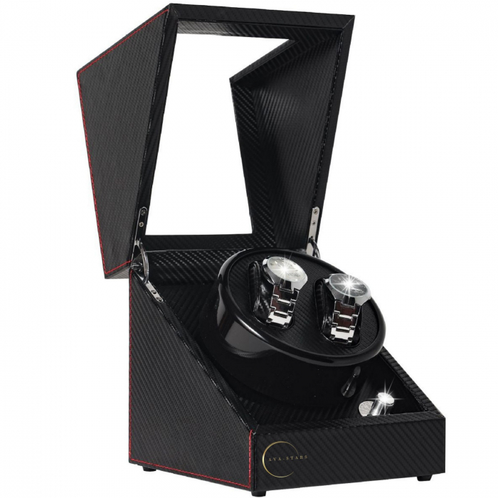 Cutie de intors ceasuri automatice, watch winder 2, 4 moduri de rotatie, interior si exterior din piele, negru dungat [1]