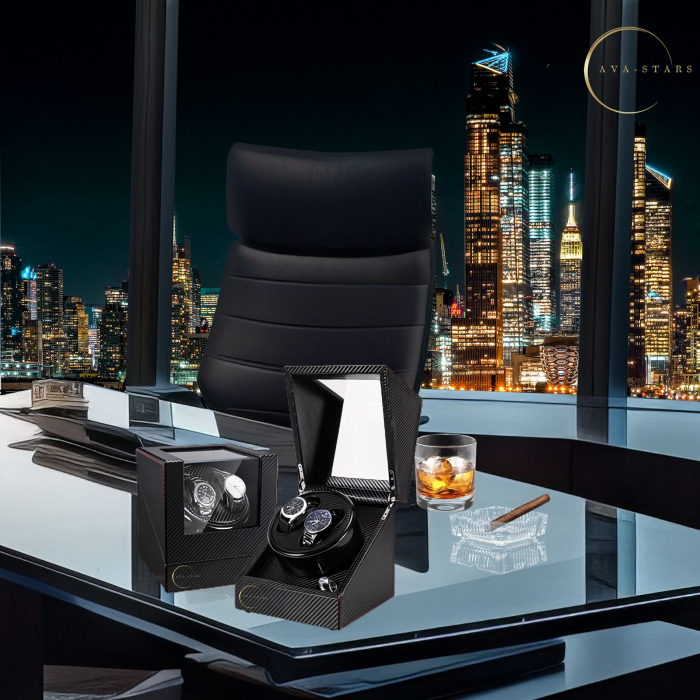 Cutie de intors ceasuri automatice, watch winder 2, 4 moduri de rotatie, interior si exterior din piele, negru dungat [7]