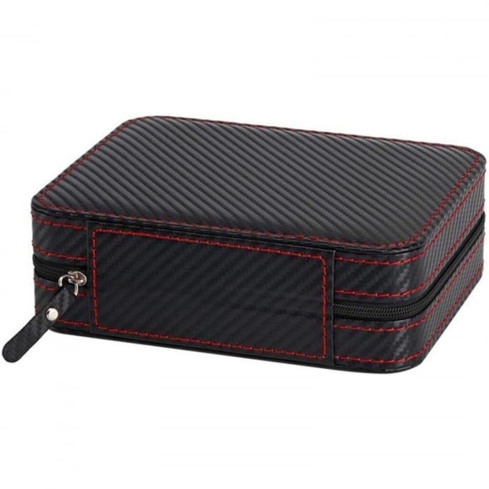 Cutie depozitare ceasuri, 4 compartimente, Piele Ecologica, Inchidere cu Fermoar, Negru cu insertii Rosii [5]