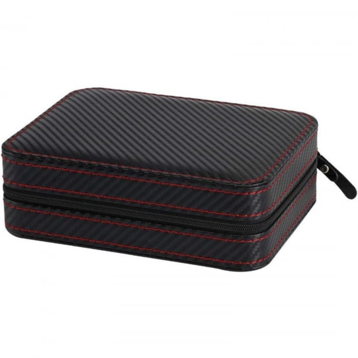 Cutie depozitare ceasuri, 4 compartimente, Piele Ecologica, Inchidere cu Fermoar, Negru cu insertii Rosii [2]