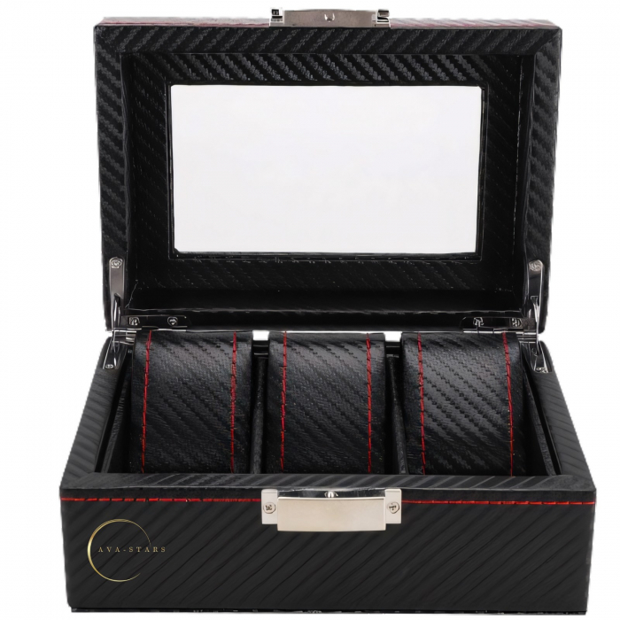 Cutie depozitare pentru 3 ceasuri, Exterior din Fibra de Carbon, Geam transparent din Acril, 18x12x8cm, Negru [7]