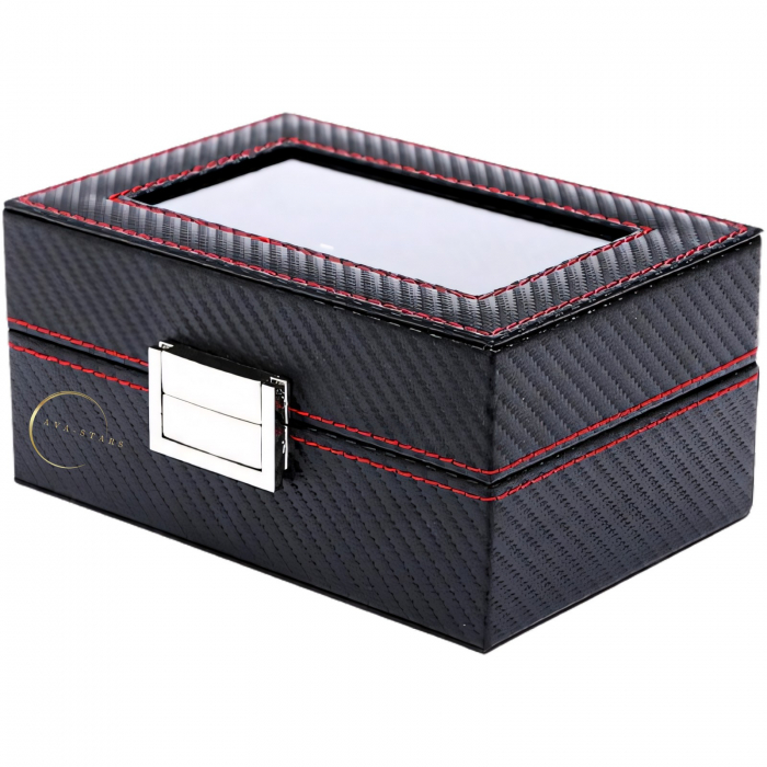 Cutie depozitare pentru 3 ceasuri, Exterior din Fibra de Carbon, Geam transparent din Acril, 18x12x8cm, Negru [5]