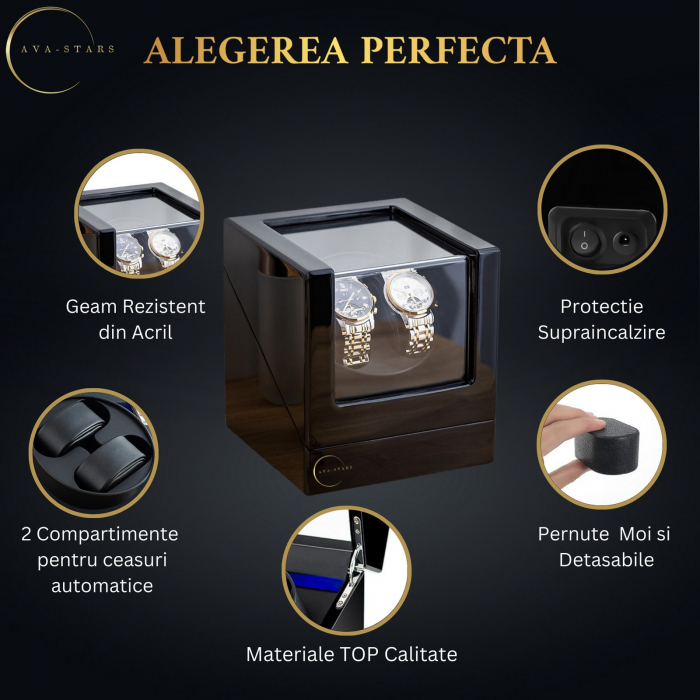 Cutie intors 2 ceasuri automatice, Interior Negru cu LED si exterior din lemn lacuit,  Negru [3]