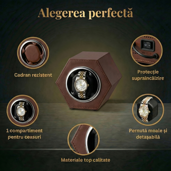Cutie Întors Ceas Automatic,  Watch Winder Premium W147, 1 Program Automat de rotatie, Motor Silențios, Alimentare la Priză [3]
