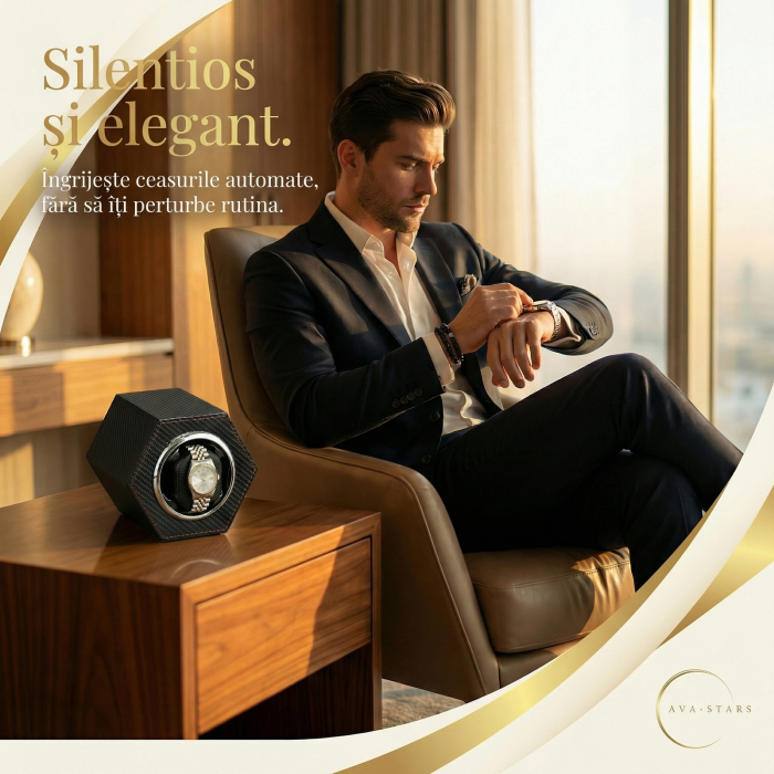 Cutie Întors Ceas Automatic,  Watch Winder Premium W147, 1 Program Automat de rotatie, Motor Silențios, Alimentare la Priză [2]