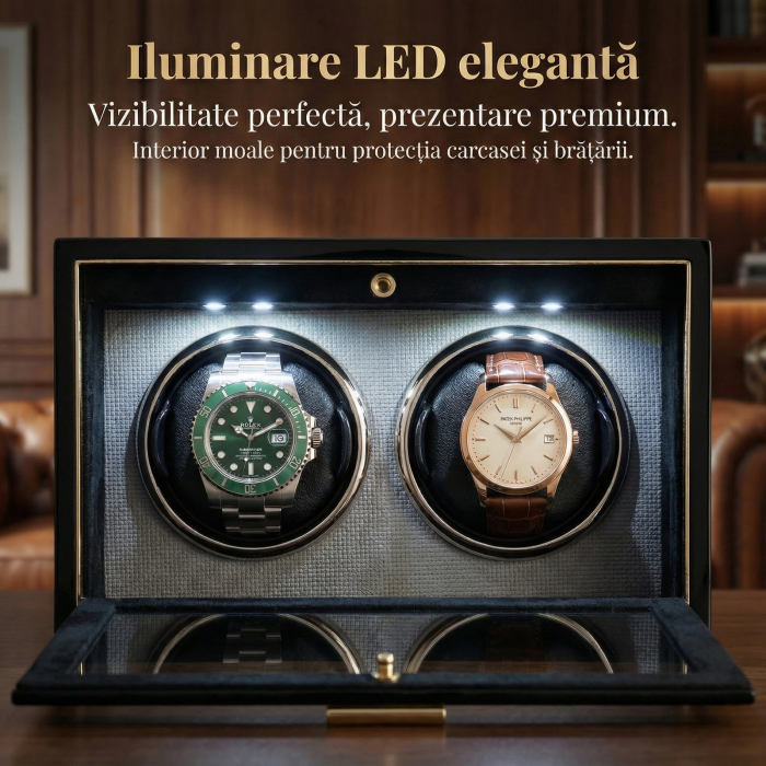 Cutie Intors Ceasuri Automate, Watch Winder Premium W165, 4 Programe, Lumini LED, Exterior din Lemn, Interior Catifea, Alimentare la Priza [4]