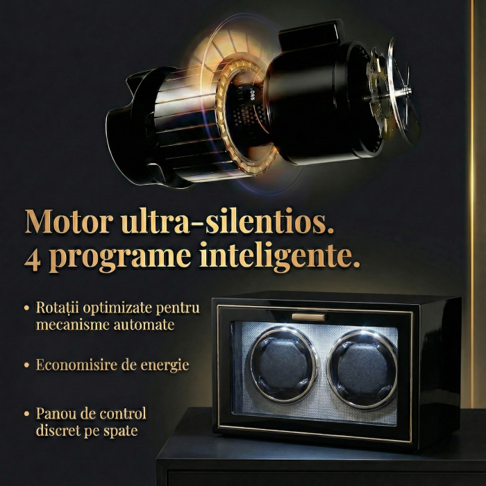 Cutie Intors Ceasuri Automate, Watch Winder Premium W165, 4 Programe, Lumini LED, Exterior din Lemn, Interior Catifea, Alimentare la Priza [3]