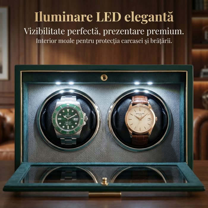 Cutie Intors Ceasuri Automate, Watch Winder Premium W165, 4 Programe, Lumini LED, Exterior din Lemn, Interior Catifea, Alimentare la Priza [4]