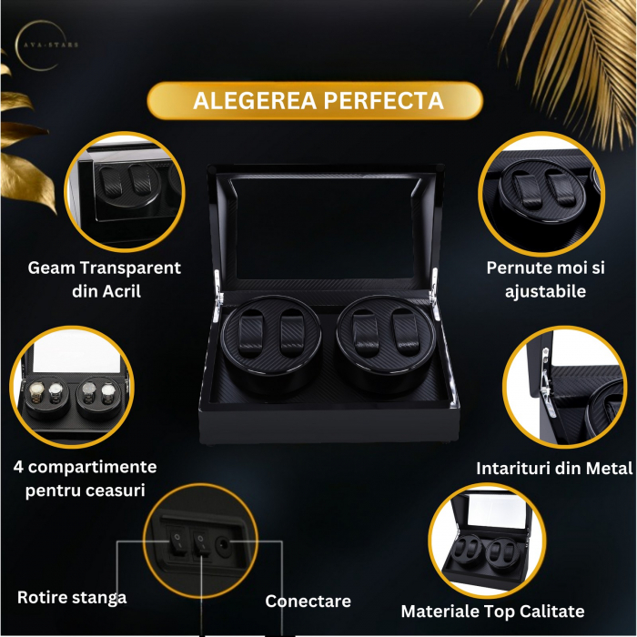 Cutie intors ceasuri automatice, Caseta din lemn cu rotator pentru 4 ceasuri automatice, exterior lacuit [3]