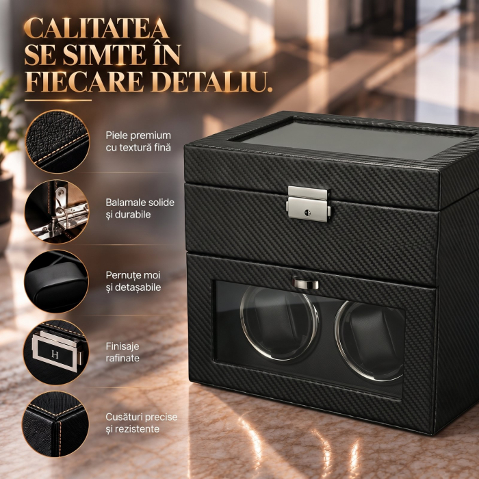 Cutie intors ceasuri automatice, Interior Catifea si Exterior din Piele, Inchidere cu Cheie, Ava-Stars ® [5]