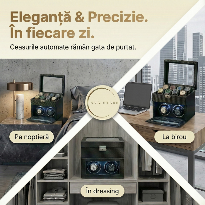 Cutie intors ceasuri automatice, Interior Catifea si Exterior din Piele, Inchidere cu Cheie, Ava-Stars ® [3]