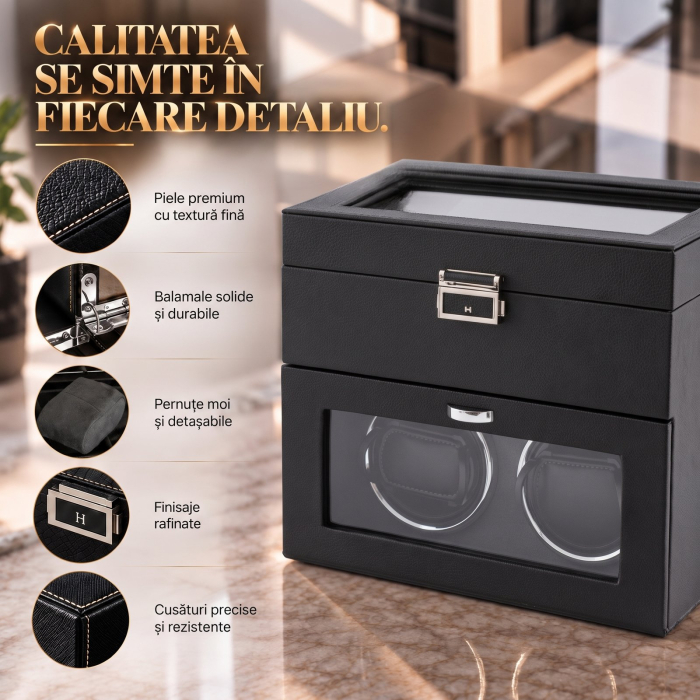 Cutie intors ceasuri automatice, Interior Catifea si Exterior din Piele, Inchidere cu Cheie, Ava-Stars ® [4]