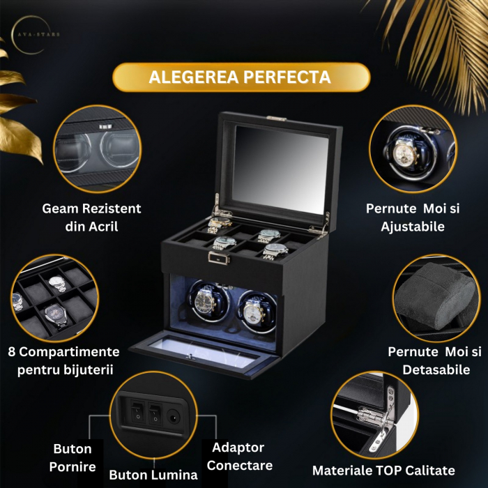 Cutie intors ceasuri automatice, Interior Catifea si Exterior din Piele, Inchidere cu Cheie, Ava-Stars ® [2]