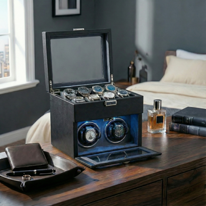 Cutie intors ceasuri automatice, Interior Catifea si Exterior din Piele, Inchidere cu Cheie, Ava-Stars ® [2]