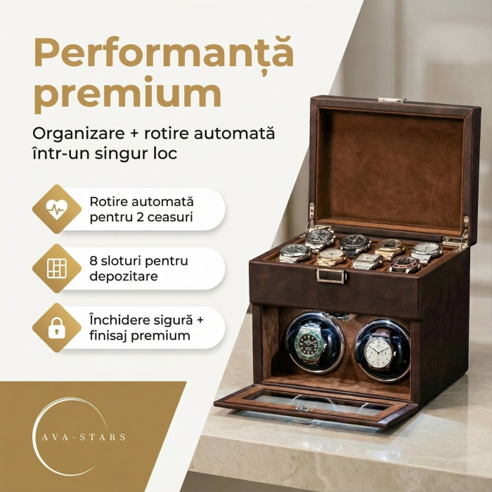 Cutie intors ceasuri automatice, Interior Catifea si Exterior din Piele, Inchidere cu Cheie, Ava-Stars ® [4]