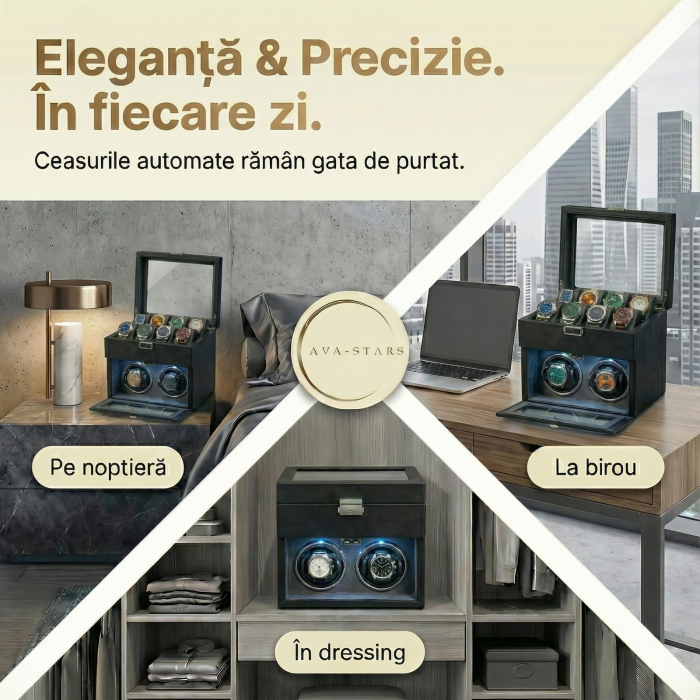 Cutie intors ceasuri automatice, Interior Catifea si Exterior din Piele, Inchidere cu Cheie, Ava-Stars ® [3]