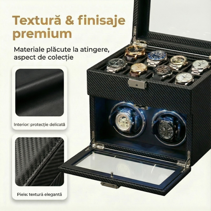 Cutie intors ceasuri automatice, Interior Catifea si Exterior din Piele, Inchidere cu Cheie, Ava-Stars ® [7]