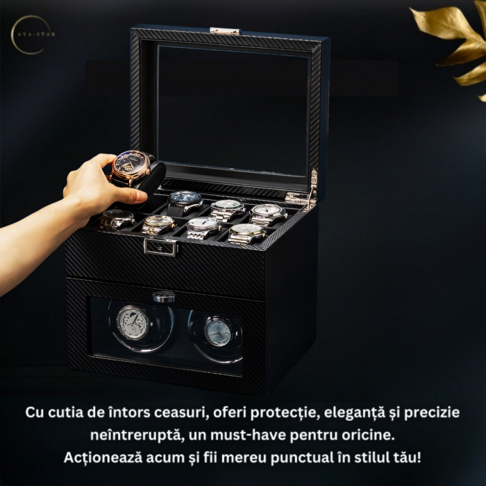 Cutie intors ceasuri automatice, Interior Catifea si Exterior din Piele, Inchidere cu Cheie, Ava-Stars ® [5]