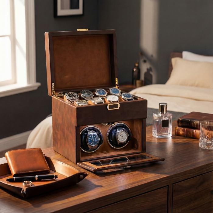 Cutie intors ceasuri automatice, Interior Catifea si Exterior din Piele, Inchidere cu Cheie, Ava-Stars ® [2]