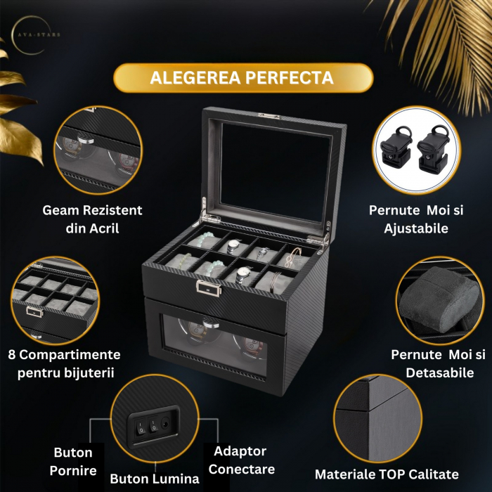 Cutie intors ceasuri automatice, Interior Catifea si Exterior din Piele, Inchidere cu Cheie, Ava-Stars ® [3]