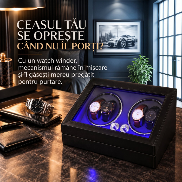 Cutie Ceasuri Automate, Rotator 4 Ceasuri Automatice si Spatiu Depozitare 6 Ceasuri Clasice, Watch Winder cu LED, Interior din Catifea, Exterior din Piele, Alimentare la Priza [3]