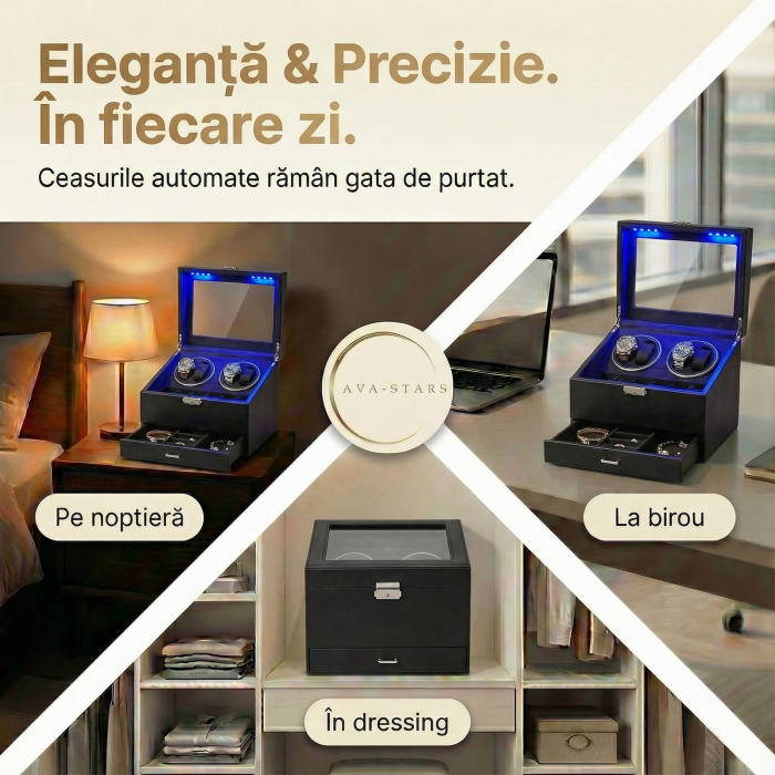 Cutie intors ceasuri automatice, Organizator 6 ceasuri cu compartiment bijuterii, Watch Winder Premium, 4 programe presetate, Alimentare la priza [3]