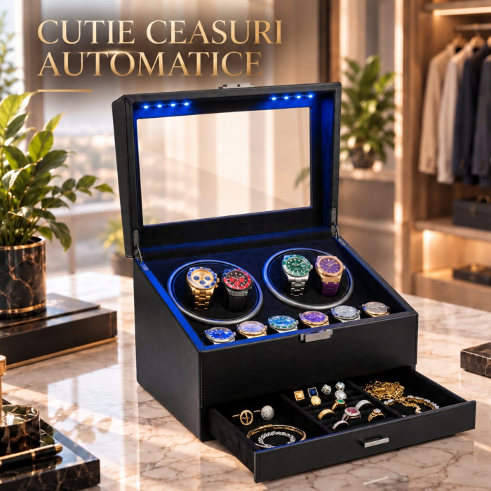 Cutie intors ceasuri automatice, Organizator 6 ceasuri cu compartiment bijuterii, Watch Winder Premium, 4 programe presetate, Alimentare la priza [2]