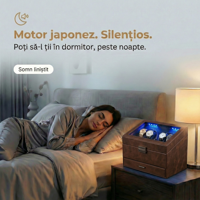 Cutie intors ceasuri automatice, Organizator 6 ceasuri cu compartiment bijuterii, Watch Winder Premium, 4 programe presetate, Alimentare la priza [5]