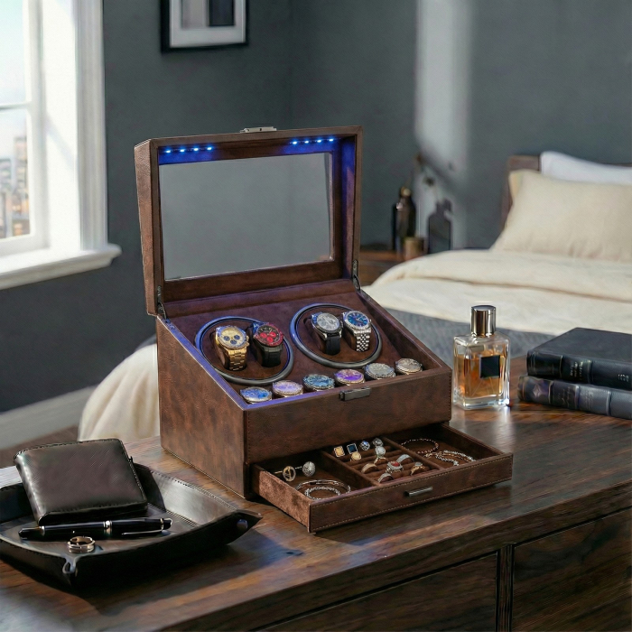 Cutie intors ceasuri automatice, Organizator 6 ceasuri cu compartiment bijuterii, Watch Winder Premium, 4 programe presetate, Alimentare la priza [2]