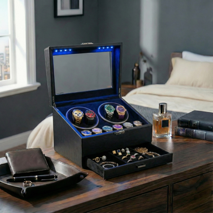Cutie intors ceasuri automatice, Organizator 6 ceasuri cu compartiment bijuterii, Watch Winder Premium, 4 programe presetate, Alimentare la priza [2]
