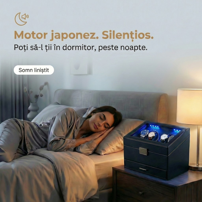 Cutie intors ceasuri automatice, Organizator 6 ceasuri cu compartiment bijuterii, Watch Winder Premium, 4 programe presetate, Alimentare la priza [5]